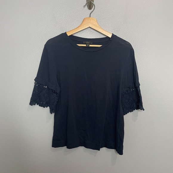 J. Crew Tops - J.CREW navy lace crochet sleeve tee in navy size S